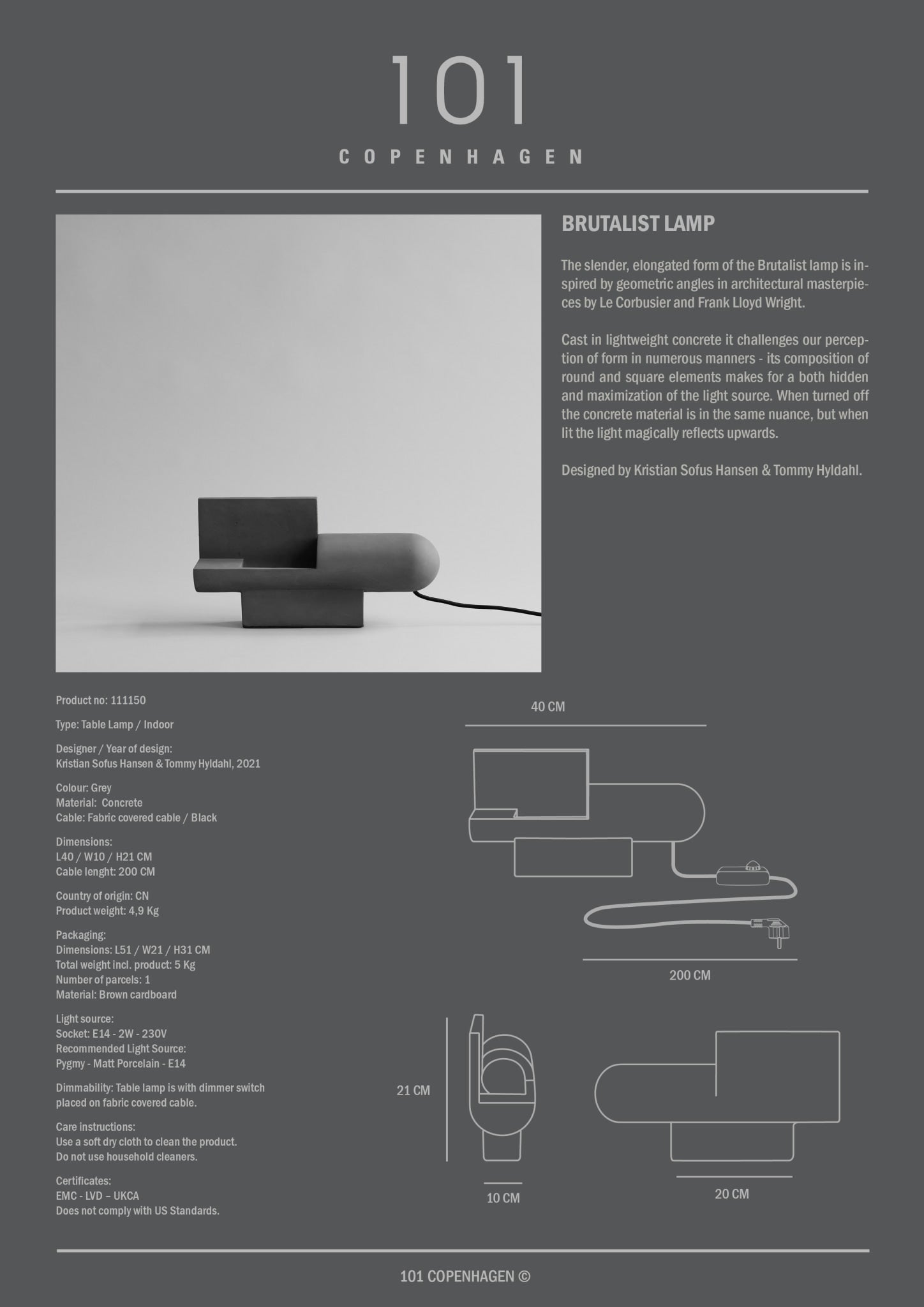 101 Copenhagen - Brutalist Lamp - Concrete - Table Lamp